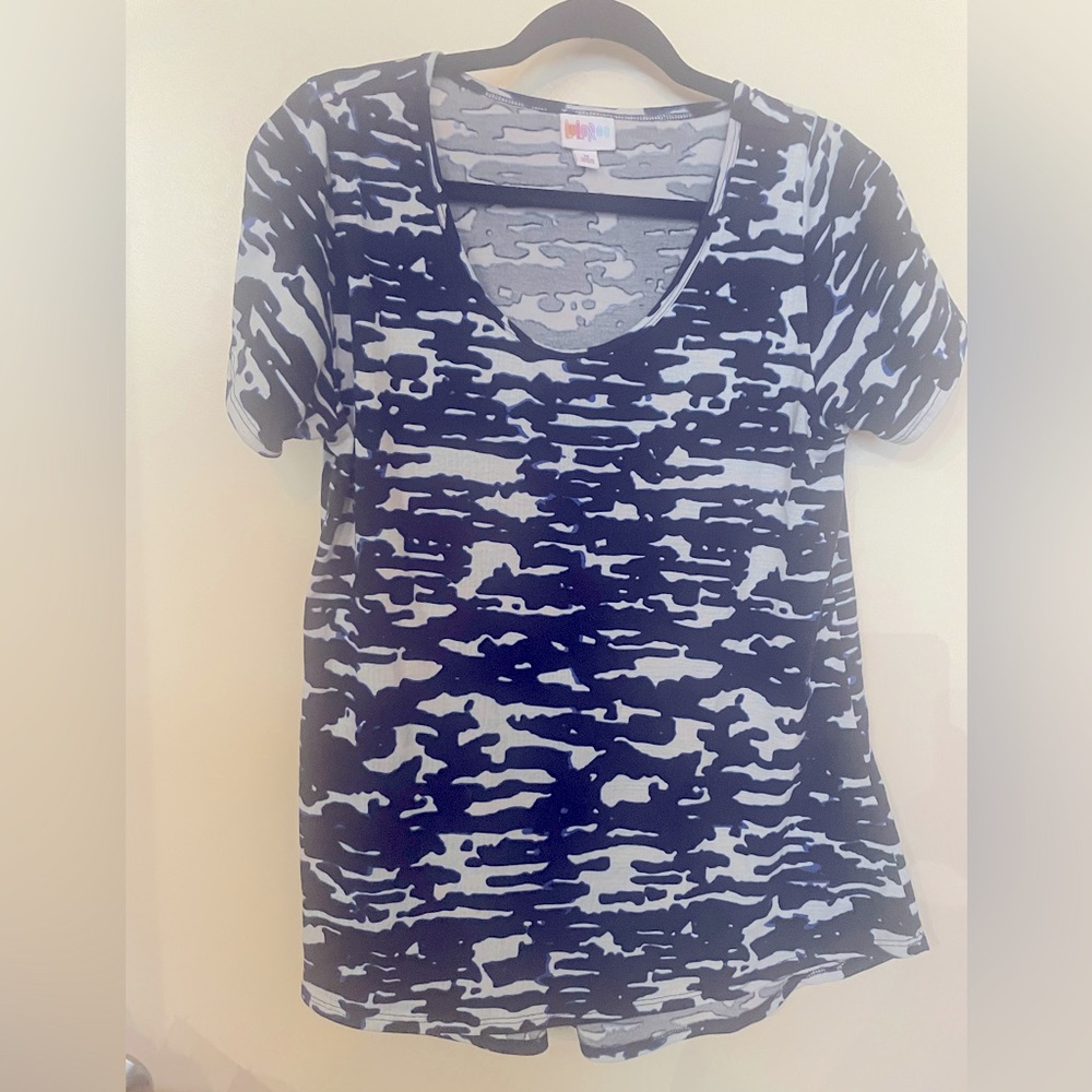 LuLaRoe t shirt blue, white, and black. Lightly worn